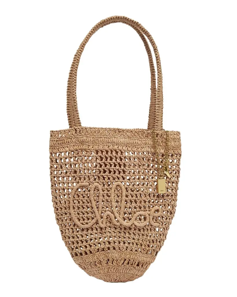 Chloe Summer Banana Small Shoulder Bag in Crochet Paper and Leather