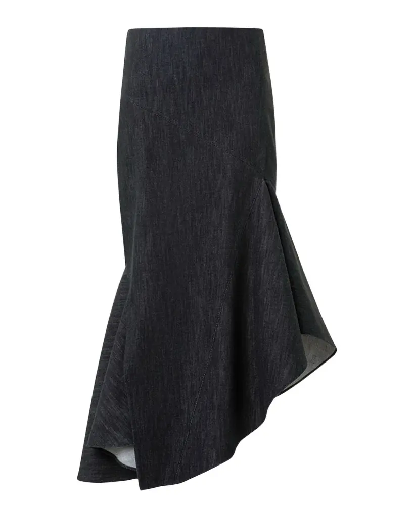 Akris Asymmetric Flared-Hem Stretch Denim Midi Skirt
