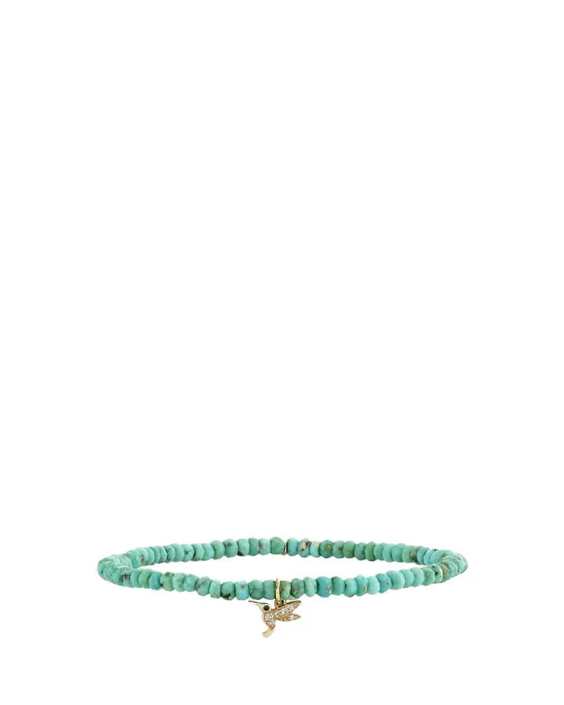 Sydney Evan 14K Yellow Gold Tiny Hummingbird Diamond Charm and Arizona Turquoise Bead Bracelet