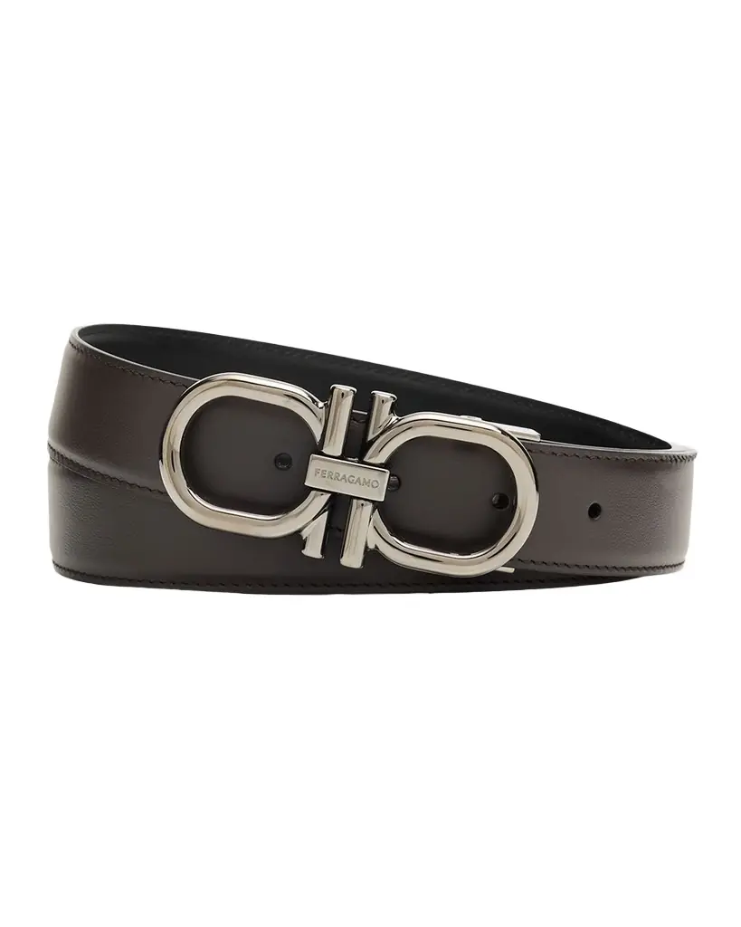 Ferragamo Men 's Double Gancini Reversible Leather Belt