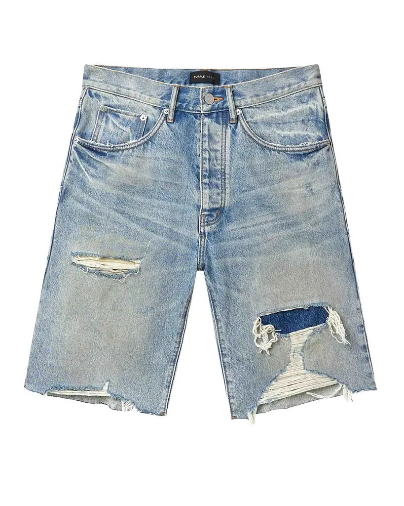 PURPLE Men 's Faros Distressed Cotton Denim Shorts