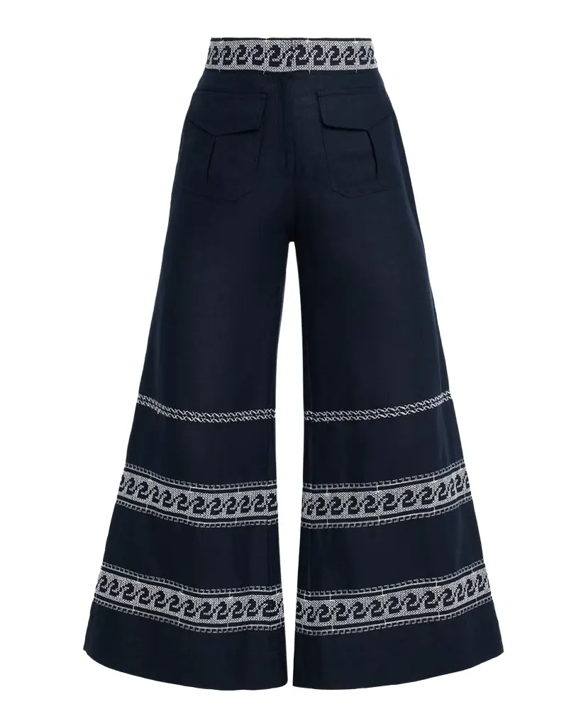 Silvia Tcherassi Zina Embroidered Linen Flare Crop Pants