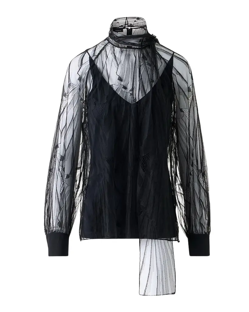Akris Long-Sleeve Flounce Lace Scarf Blouse