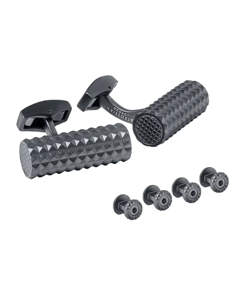 Tateossian Men 's Gunmetal Diamond Giza Cylinder Cufflink and Stud Set