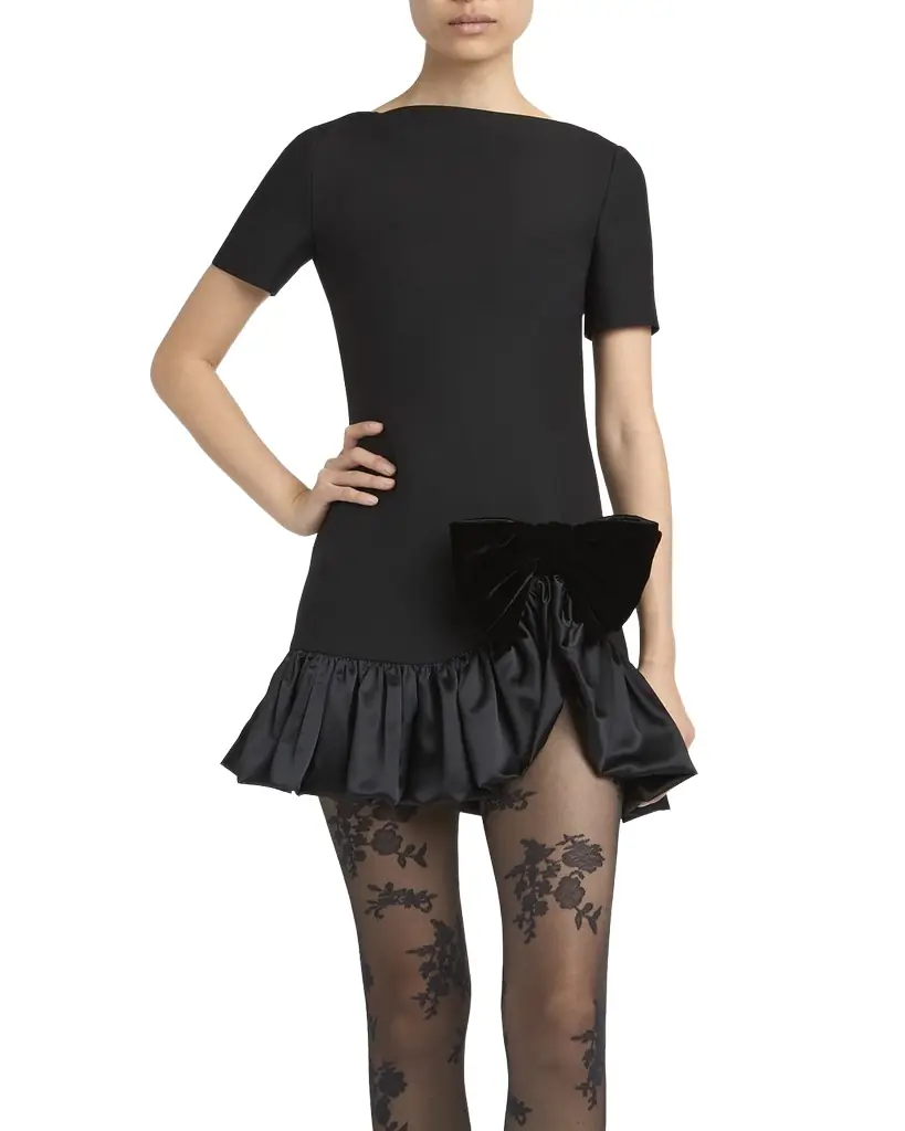 Valentino Garavani Velvet Bow Ruffle Short-Sleeve Mini Dress