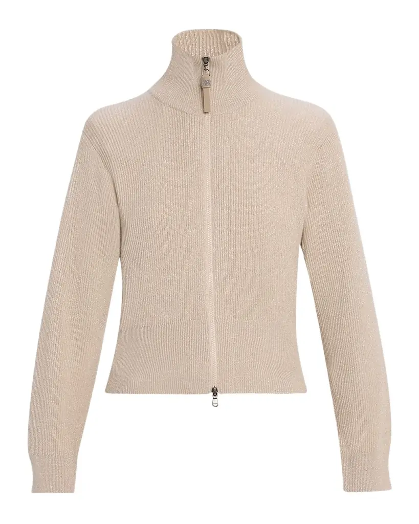 Brunello Cucinelli Sparkly Cashmere Rib Long-Sleeve Zip Cardigan