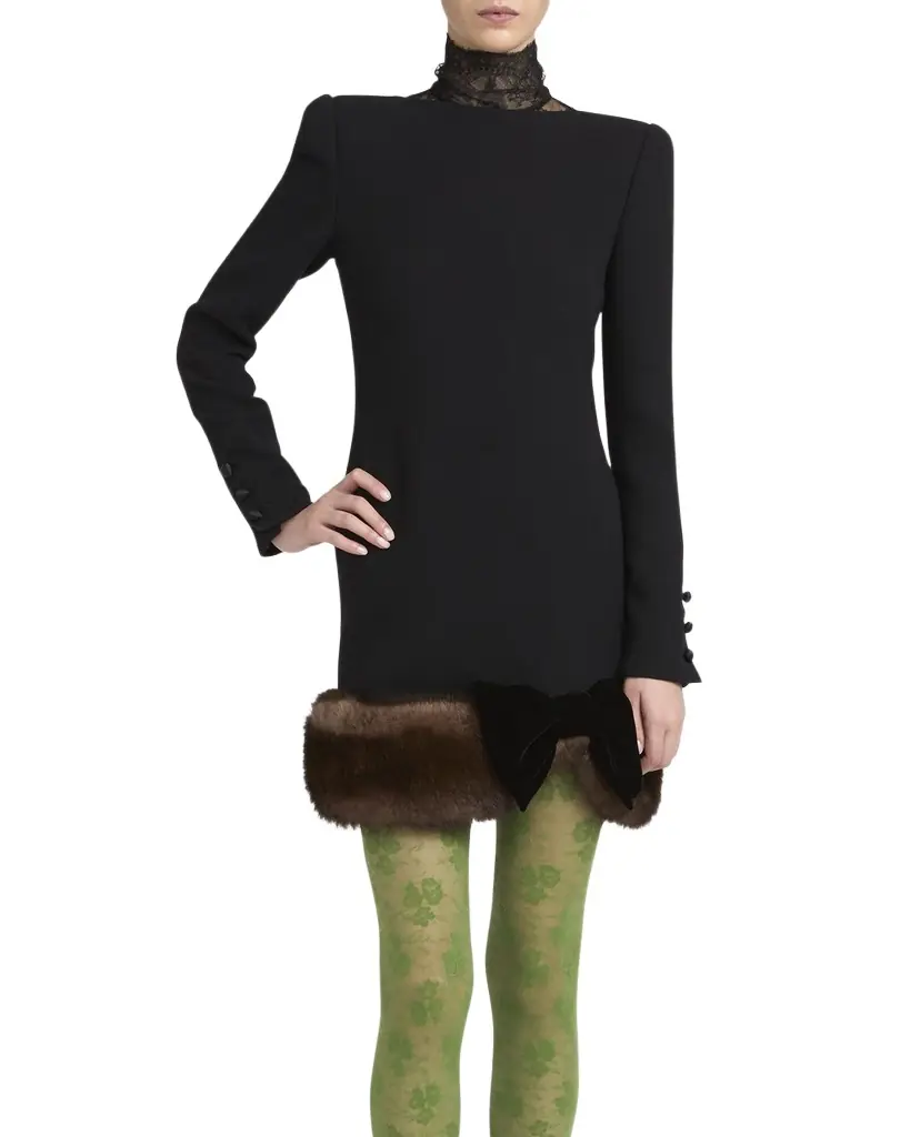 Valentino Garavani Turtleneck Long-Sleeve Sheep Shearling-Trim Mini Dress