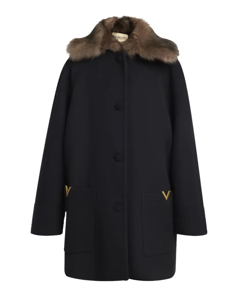 Valentino Garavani Sheep Shearling Collar Single-Breasted Wool Coat