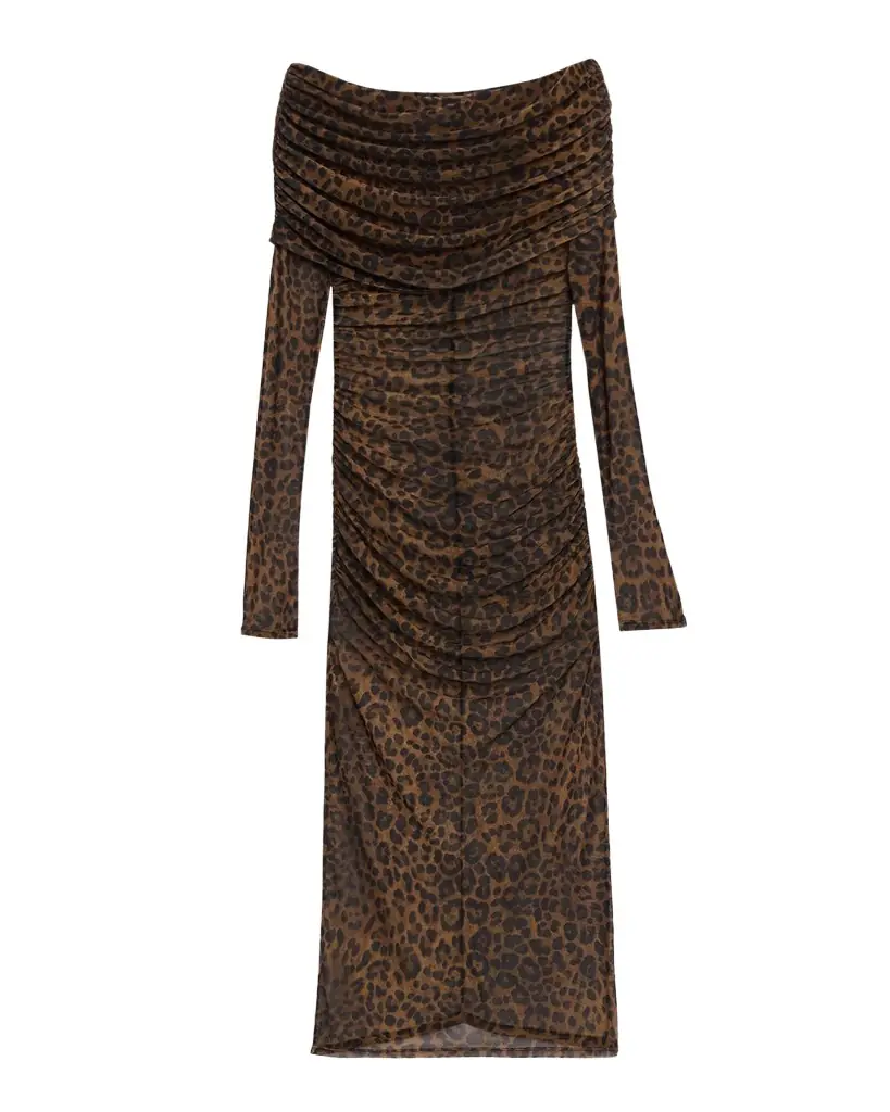 LAPOINTE Bodycon Leopard-Print Mesh Midi Dress