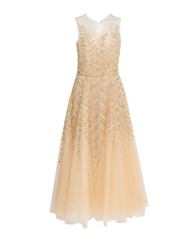 fern embroidered dress Oscar de La Renta Fern-embroidered Long-sleeve Gown