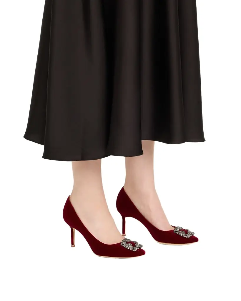 Manolo Blahnik Hangisi Velvet Pumps with Crystal Buckle