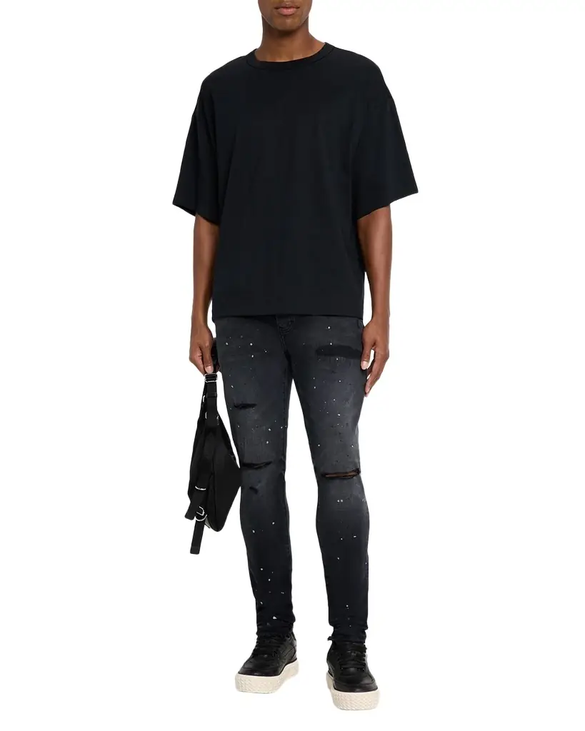 PURPLE Men 's Reflective Paint Rip & Pair Denim Jeans