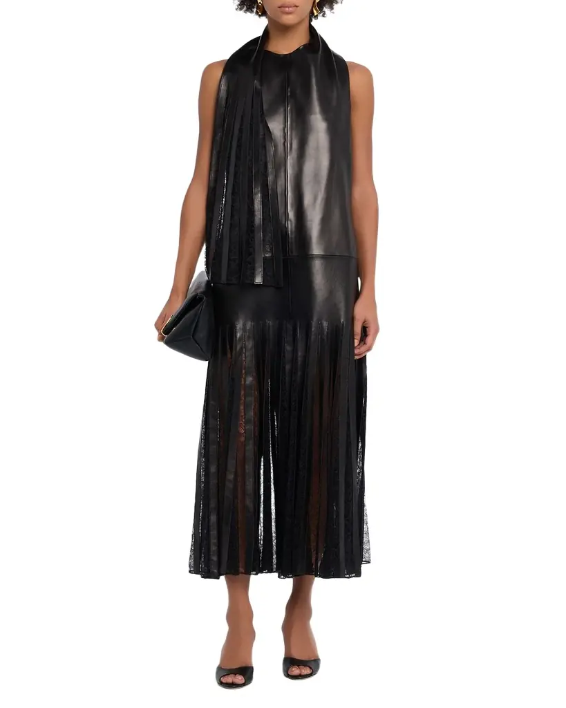 Brandon Maxwell The Blythe Lace-Inset Scarf-Neck Leather Maxi Dress