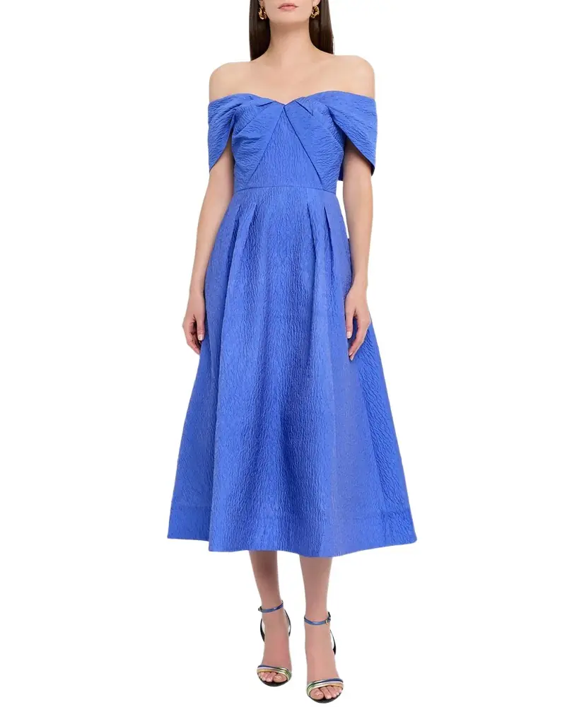 REBECCA VALLANCE Viola Pleated Off-Shoulder Midi Dress