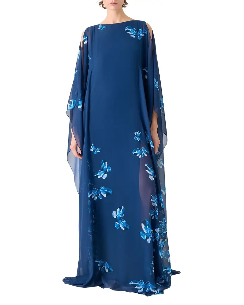 Akris Butterfly-Print Silk Georgette Caftan Gown