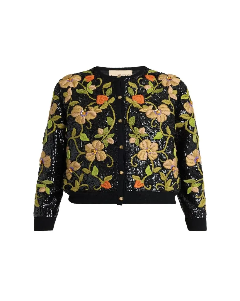 Valentino Garavani Sequined Floral Embroidered Crewneck Cardigan