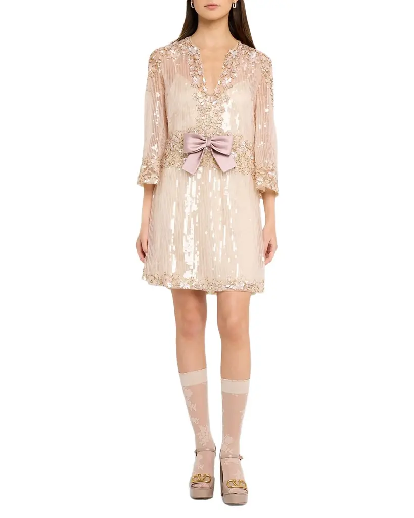 Valentino Garavani Bow-Front Long-Sleeve Sequined Tulle Mini Dress