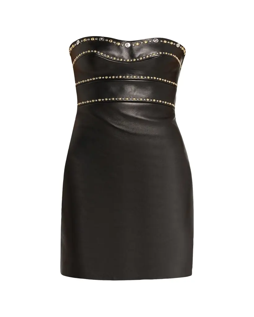 Versace Embellished Strapless Nappa Leather Mini Dress