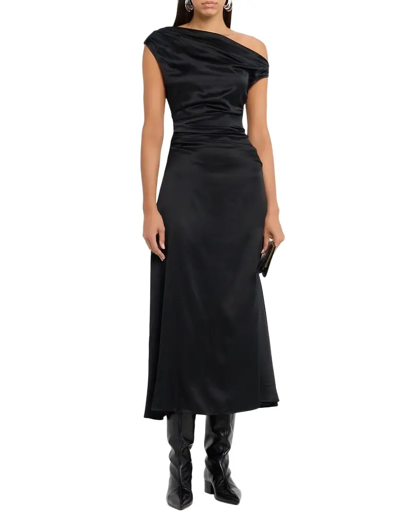 STAUD Phare Draped Silk Midi Dress