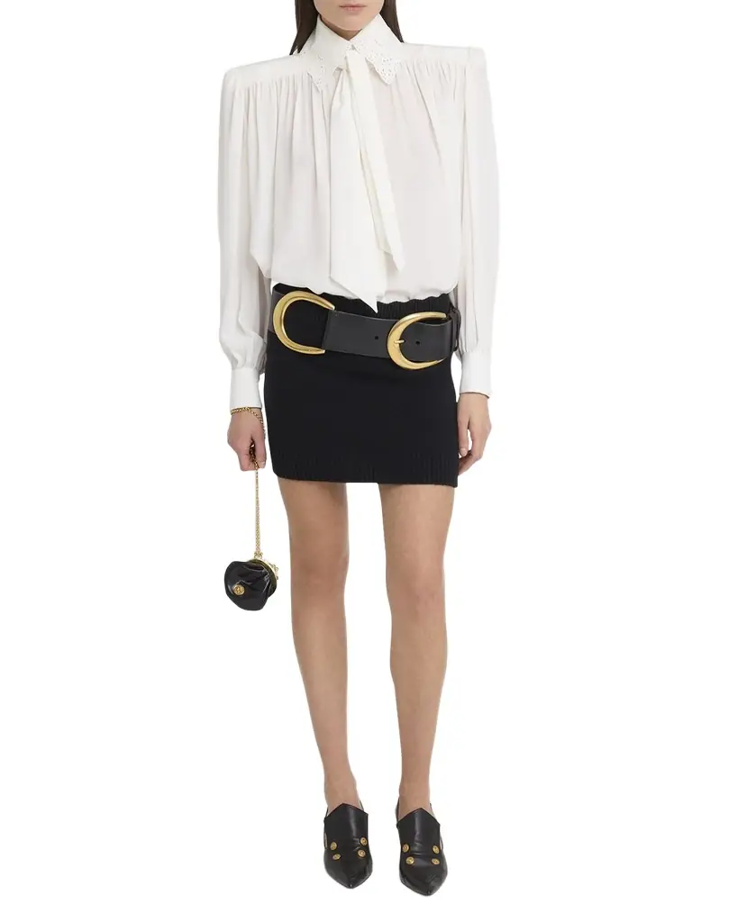 Chloe Neck-Tie Lace-Collar Silk Georgette Blouse