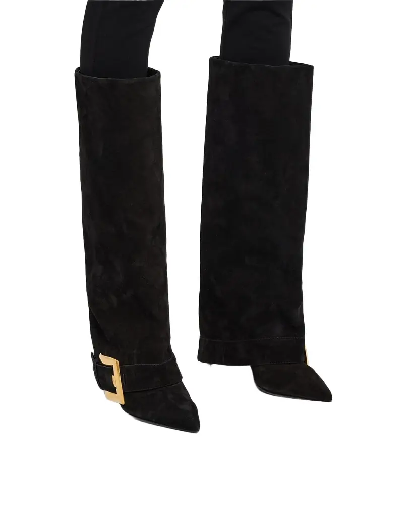 Balmain Anthem Suede Buckle Knee-High Boots
