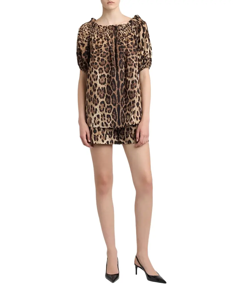 Dolce & Gabbana Leopard-Print Cotton Puff-Sleeve Blouse