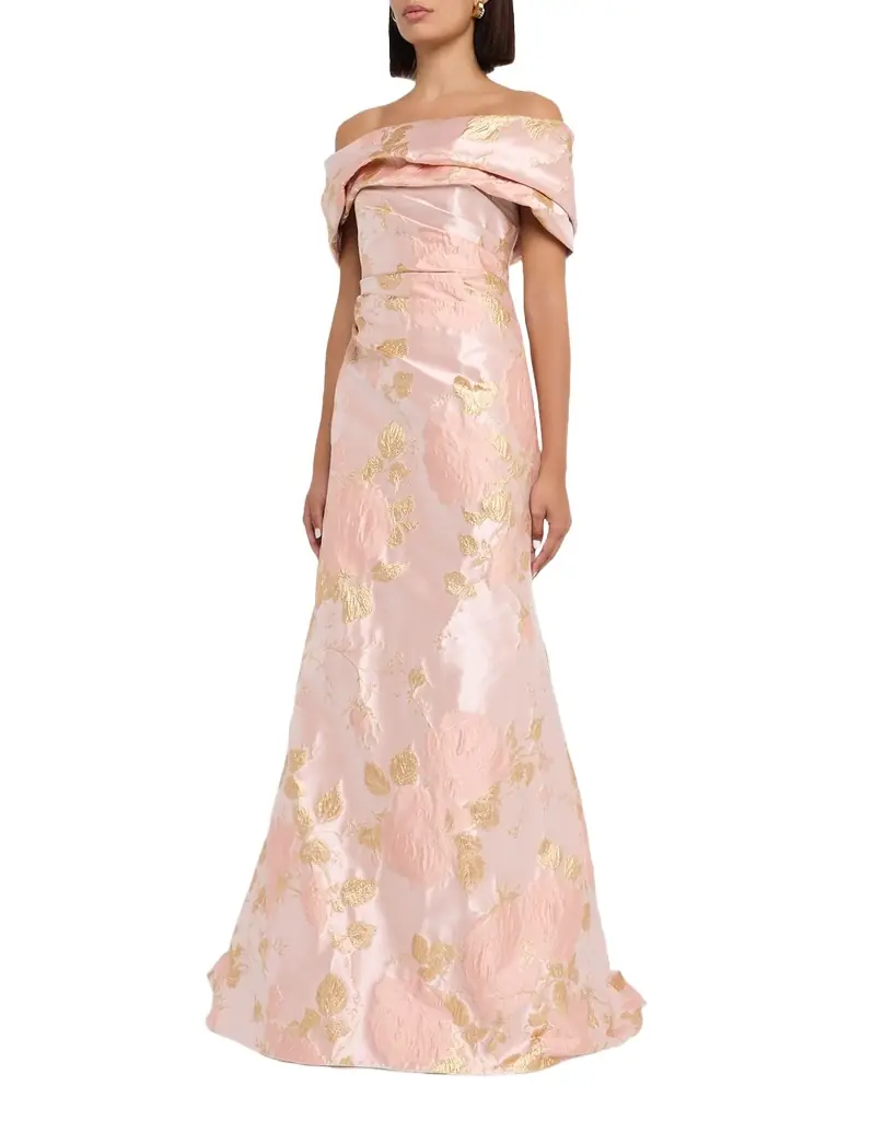 Pamella Roland Metallic Floral Jacquard Off-The-Shoulder Gown