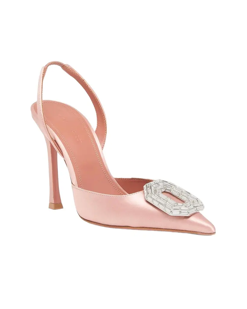 Amina Muaddi 105mm Camelia Satin Crystal Halter Pumps