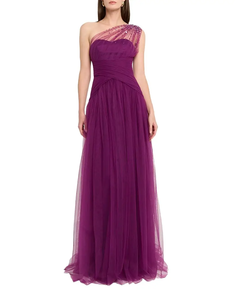 Pamella Roland Embellished Tulle One-Shoulder Cape Gown