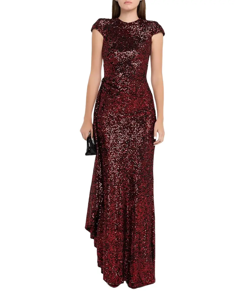 Naeem Khan Sequined Draped Cap-Sleeve Gown
