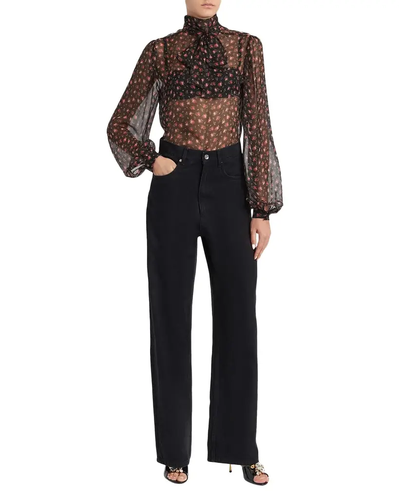 Dolce & Gabbana Rose-Print Chiffon Bow-Neck Blouse