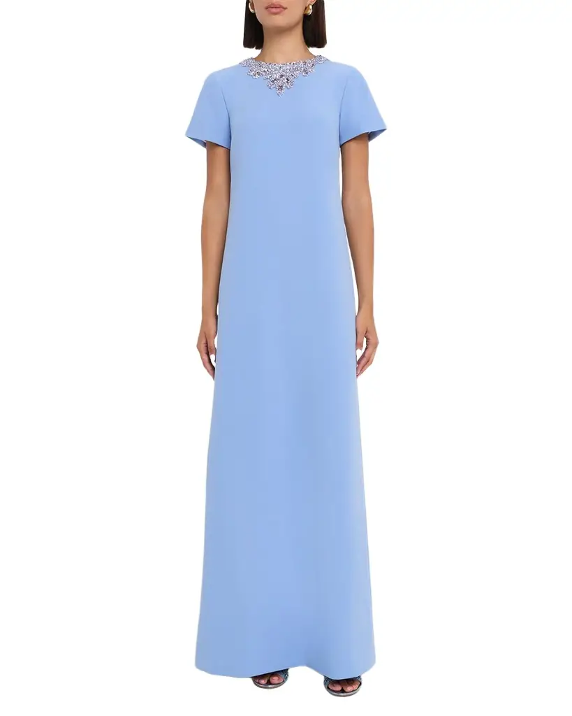 Pamella Roland Embellished Neckline Crepe A-Line Gown