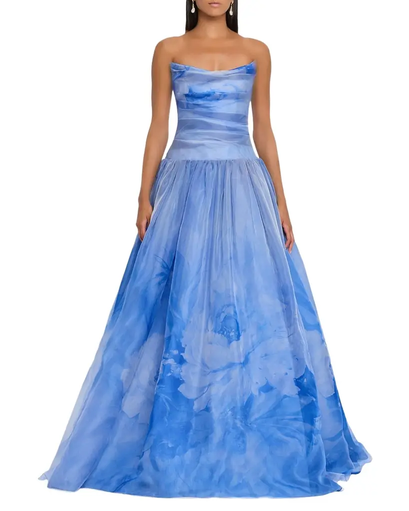Pamella Roland Floral Silk Organza Strapless Drop-Waist Gown