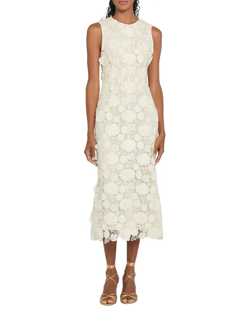 Monique Lhuillier 3D Flower Guipure Sleeveless Midi Dress