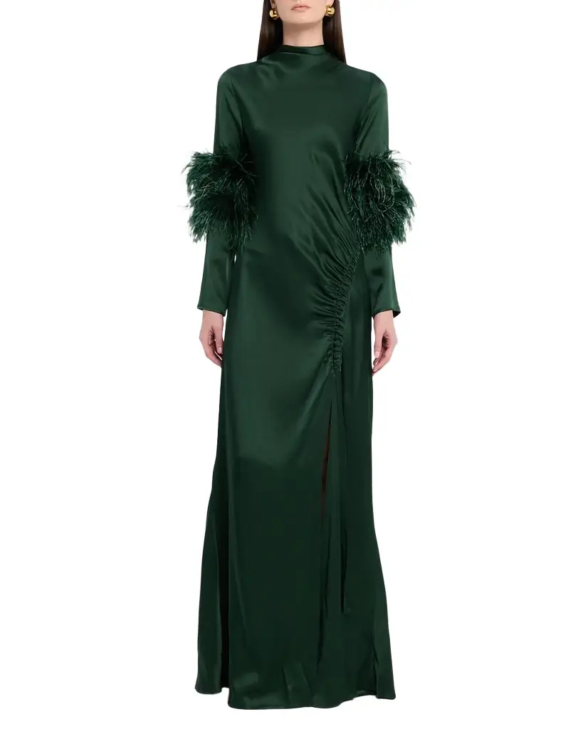 LAPOINTE Feather-Trim Long-Sleeve Satin Maxi Dress