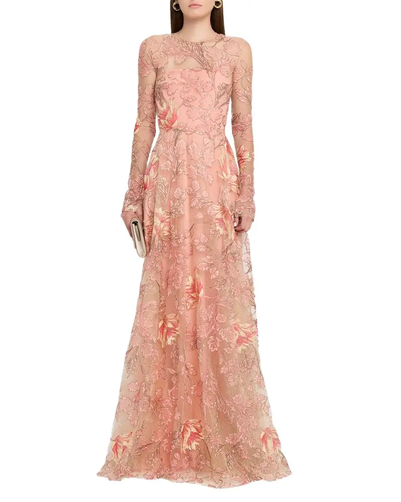 Naeem Khan Metallic Floral Embroidered Long-Sleeve Illusion Gown