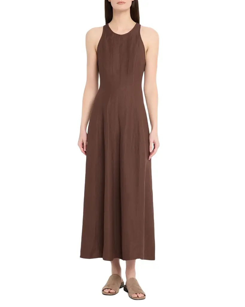 Brunello Cucinelli Paneled Fluid Linen Twill Sleeveless Midi Dress