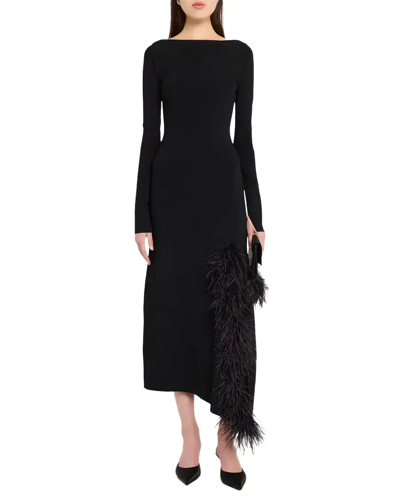 long sleeve feather midi dress Pink Coast Muse Long Sleeve Feather Detail Maxi Dress