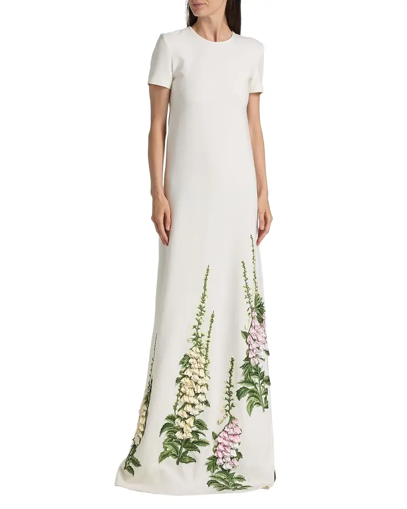 Oscar de la Renta Cap-Sleeve Foxglove Embroidered Maxi Caftan Dress