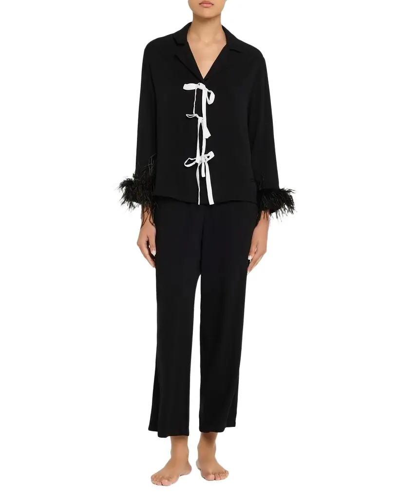 Sleeper Cropped Feather-Cuff Viscose Pajama Set