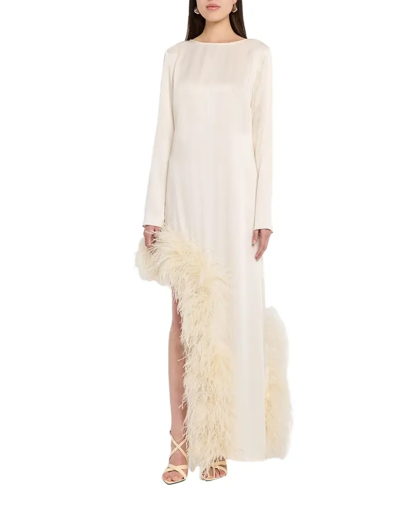 LAPOINTE Feather-Trim Asymmetric Long-Sleeve Satin Dress