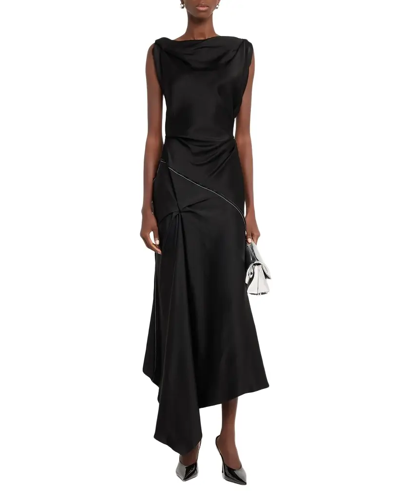 Victoria Beckham Asymmetric Draped Sleeveless Satin Midi Dress