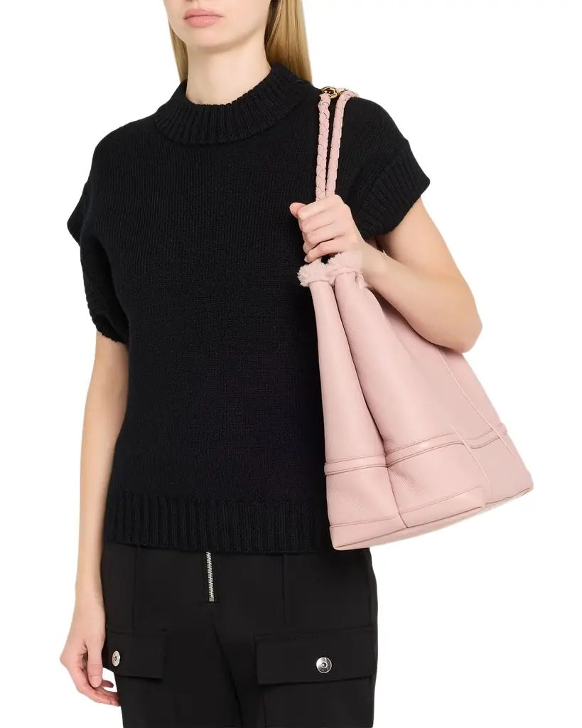 Bottega Veneta Andiamo Shearling-Trim Leather Top-Handle Bag