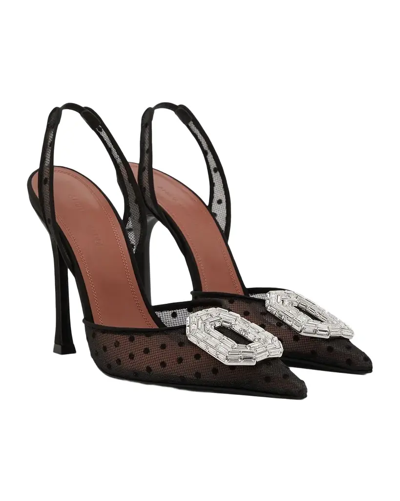 Amina Muaddi 105mm Camelia Polka-Dot Lace Slingback Pumps