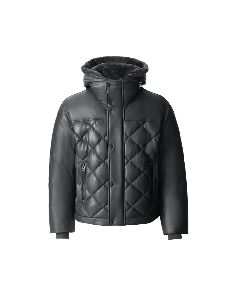 Mackage Men's Cash Down Quilted Leather Jacket with Shearling Hood