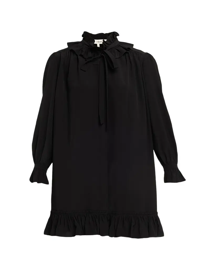 Chloe Ruffle Neck-Tie Silk Mini Shirtdress