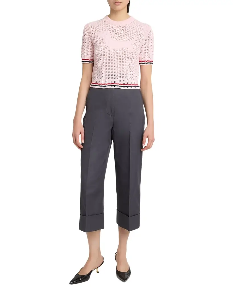 Thom Browne Hector Icon Short-Sleeve Pointelle Knit Sweater