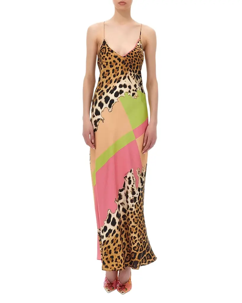Roberto Cavalli Colorblock Jaguar-Print Silk Maxi Slip Dress