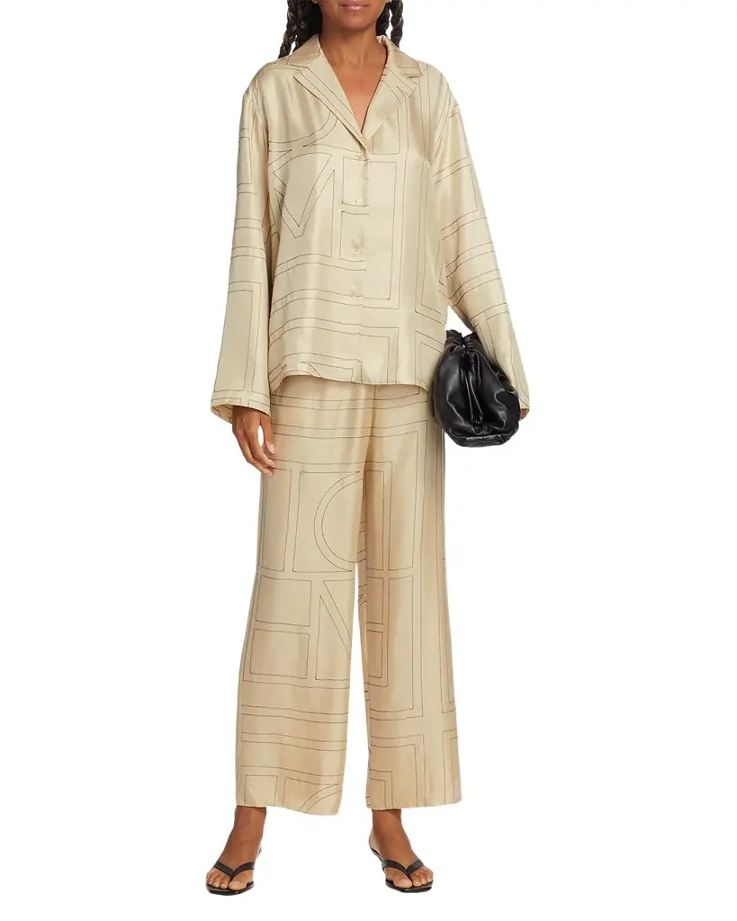 Toteme Monogram-Embroidered Silk Pajama Top