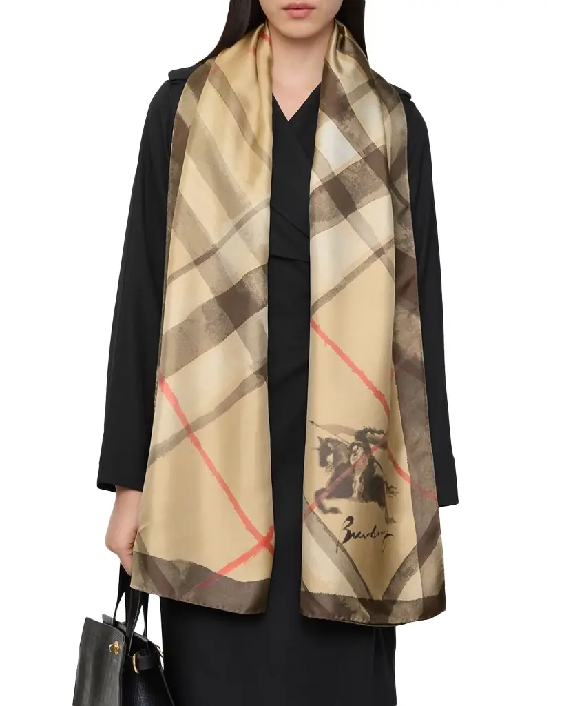 Burberry Wide Watercolor Check Silk Scarf